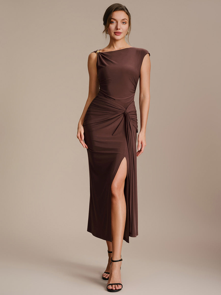 Robe midi bodycon à détail nœud et haute élasticité #Couleur_Marron chocolat