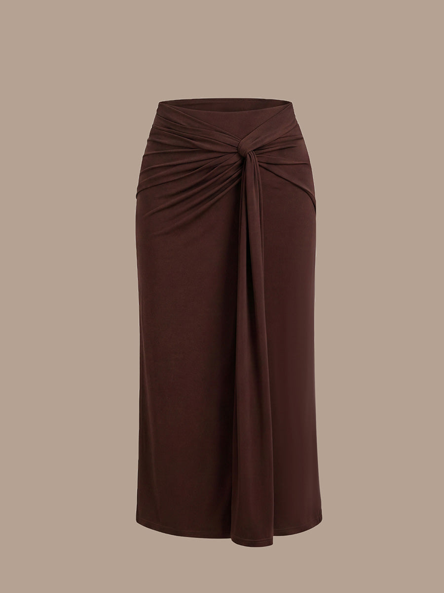Robe midi bodycon à détail nœud et haute élasticité #Couleur_Marron chocolat
