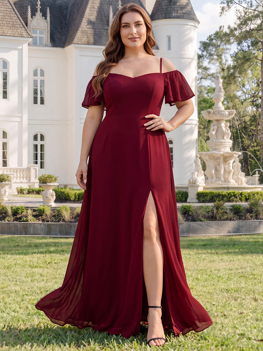 Robe de soirée à épaules dénudées et encolure en V taille Plus fente latérale #Couleur_Bordeaux