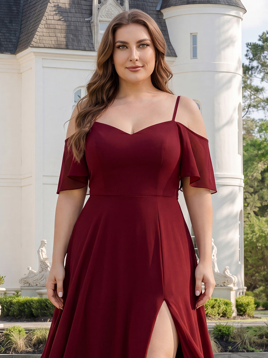 Robe de soirée à épaules dénudées et encolure en V taille Plus fente latérale #Couleur_Bordeaux