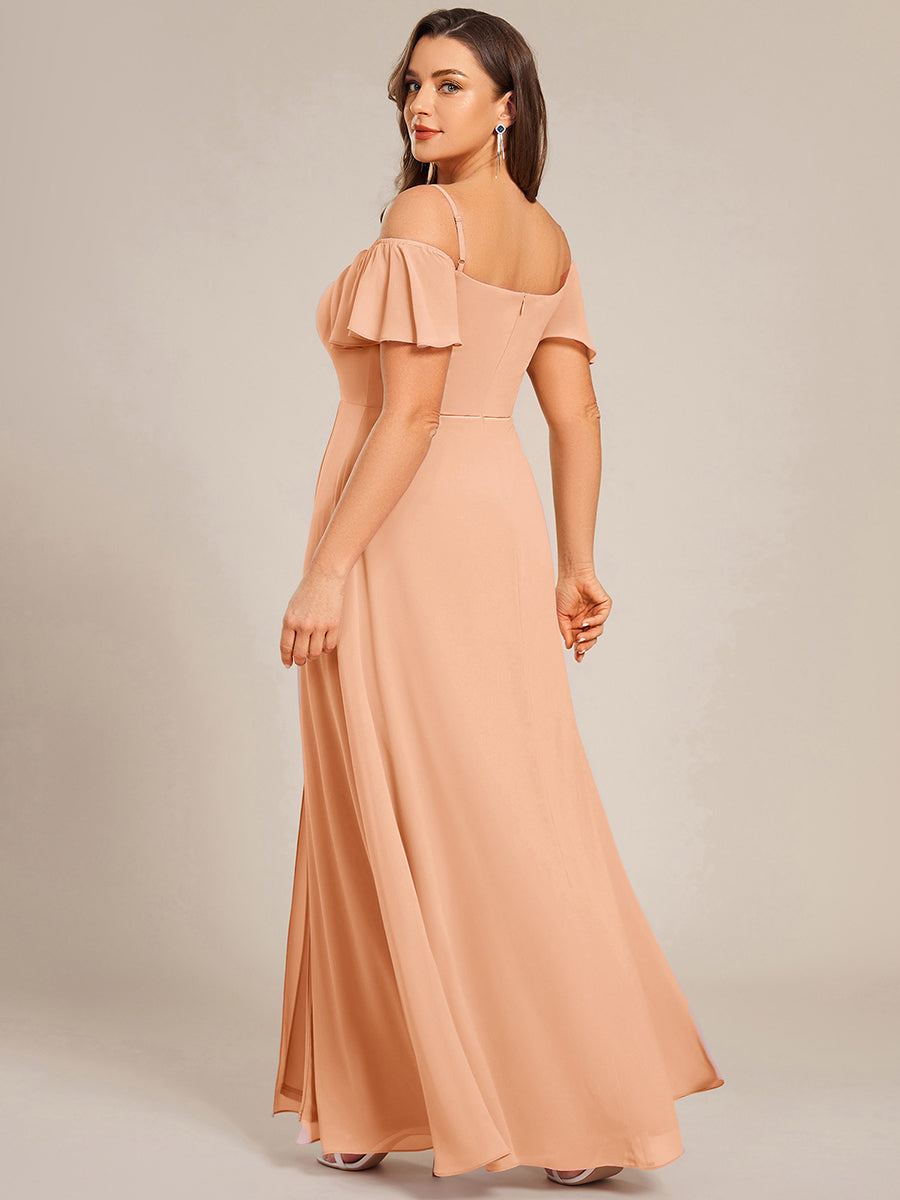 Robe d'invité de mariage trapèze en mousseline fluide à encolure ronde et longueur au genou #Couleur_Pêche
