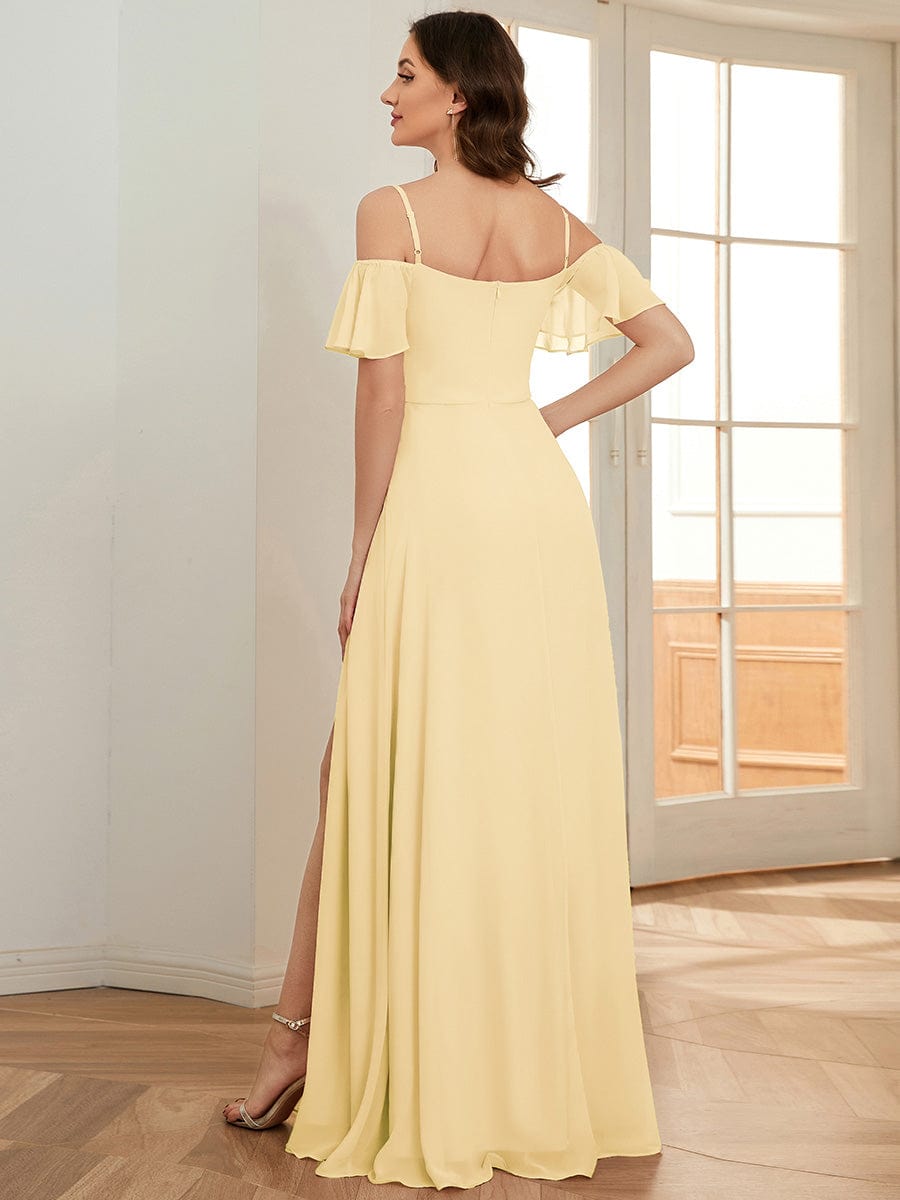 Robe d'invité de mariage trapèze en mousseline fluide à encolure ronde et longueur au genou #Couleur_Jaune
