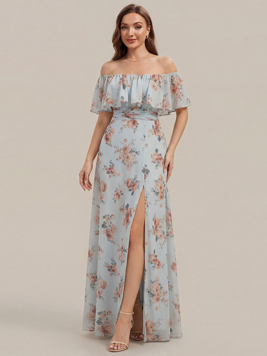 Robe de demoiselle d'honneur en mousseline à épaules dénudées et fente haute #Couleur_Floraison Ambrée