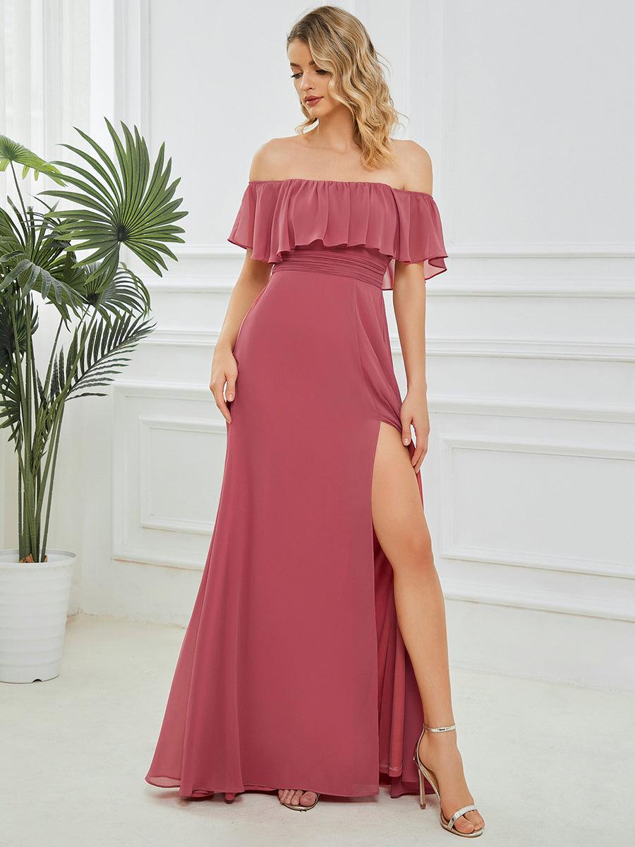 Robe Demoiselle d'Honneur belle Longue Fendue à épaules Dénudées #Couleur_Rose corail