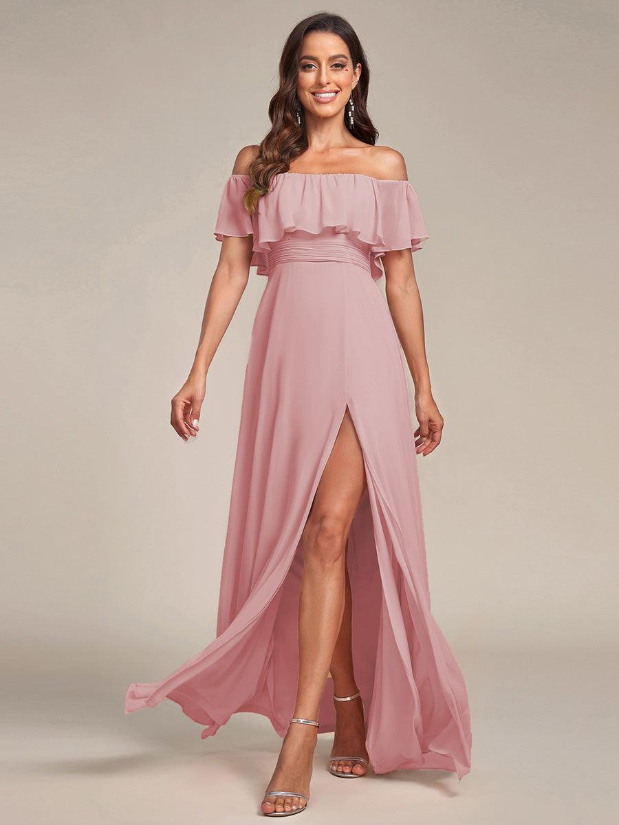 Robe Demoiselle d'Honneur belle Longue Fendue à épaules Dénudées #Couleur_Rose fumee