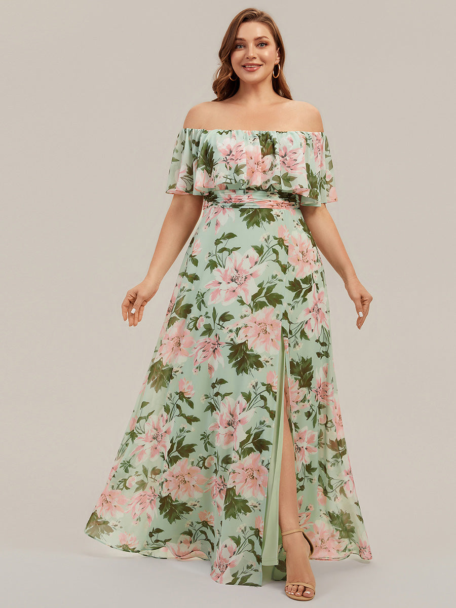 Robe de demoiselle d'honneur en mousseline à épaules dénudées et fente haute #Couleur_Vert clair à fleurs