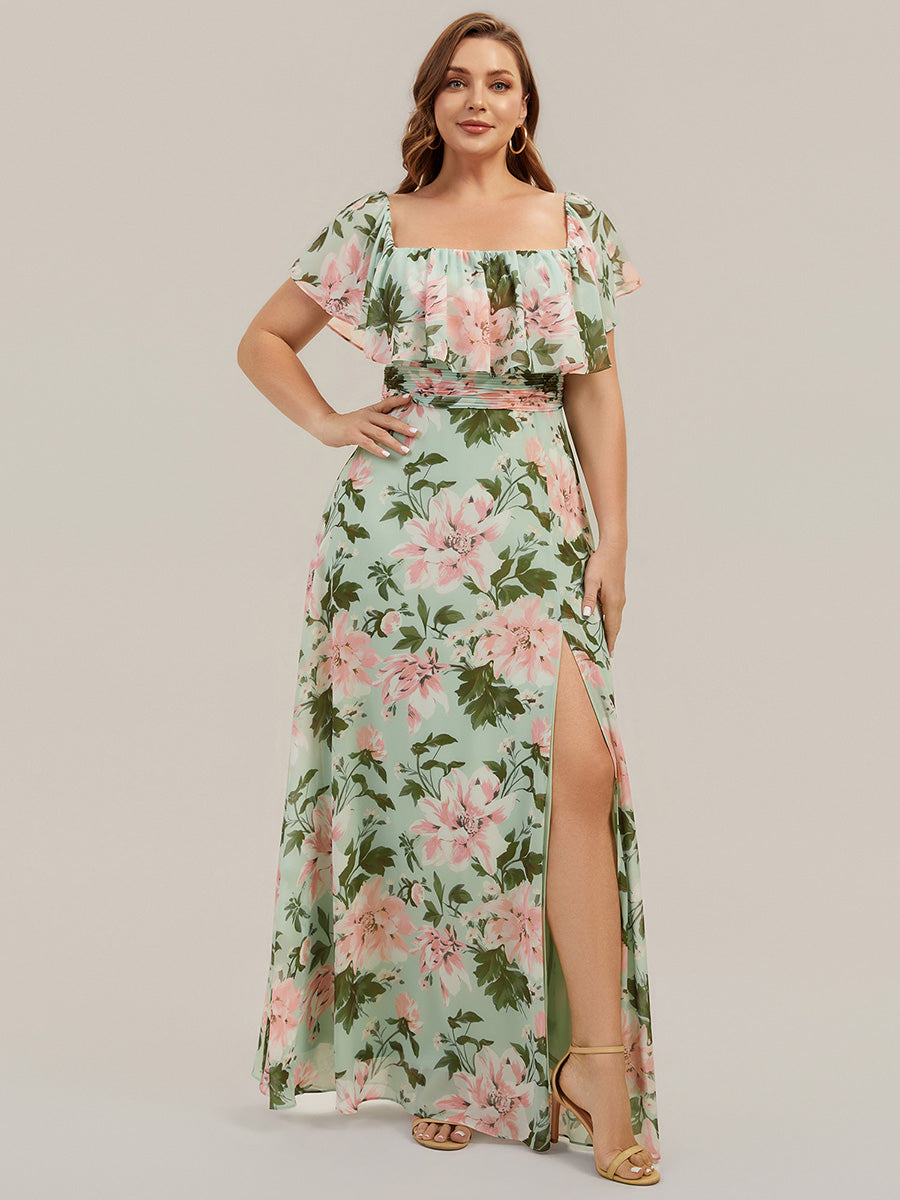 Robe de demoiselle d'honneur en mousseline à épaules dénudées et fente haute #Couleur_Vert clair à fleurs
