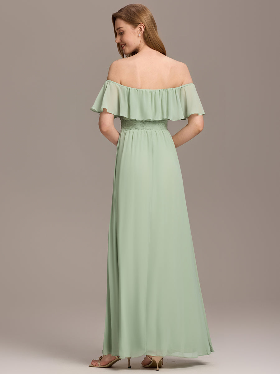Robe de demoiselle d'honneur en mousseline à épaules dénudées et fente haute #Couleur_Menthe Verte
