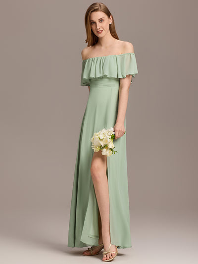 ever ÉMILE|Robe de demoiselle d'honneur en mousseline à épaules dénudées et fente haute