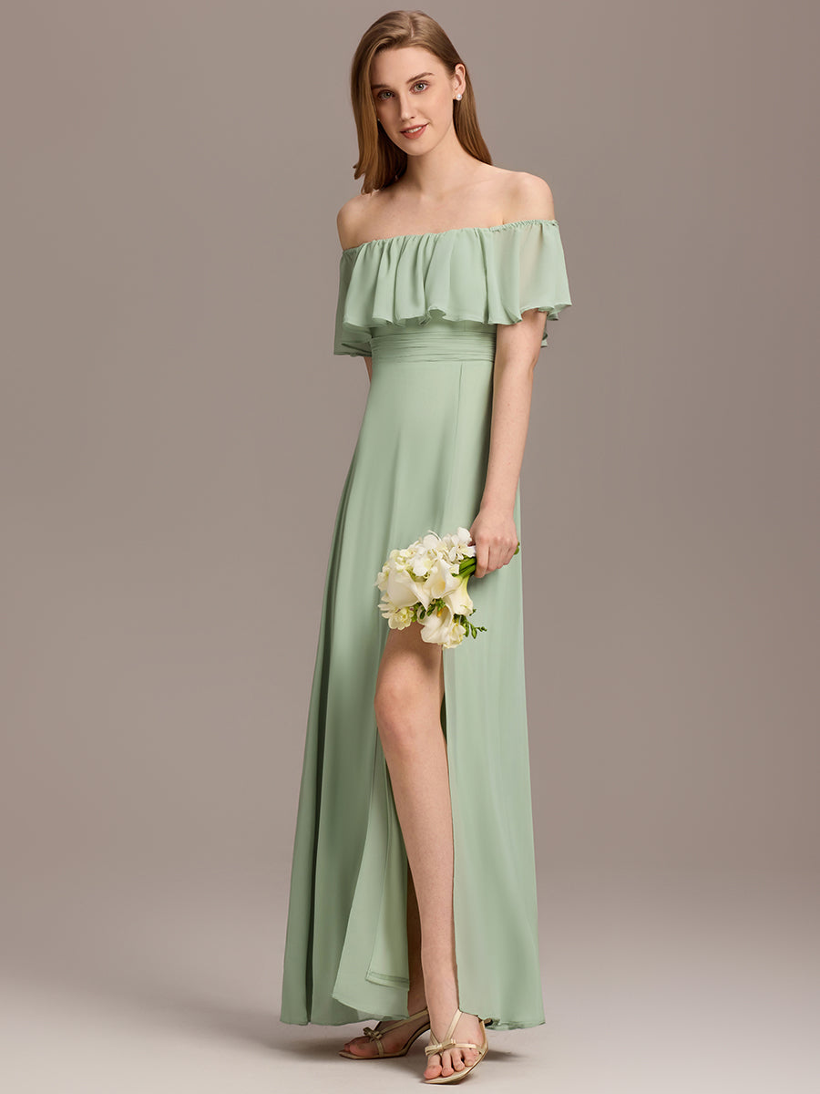 Robe de demoiselle d'honneur en mousseline à épaules dénudées et fente haute #Couleur_Menthe Verte