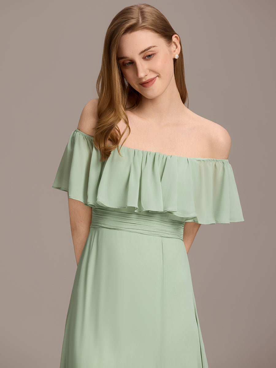 Robe de demoiselle d'honneur en mousseline à épaules dénudées et fente haute #Couleur_Menthe Verte