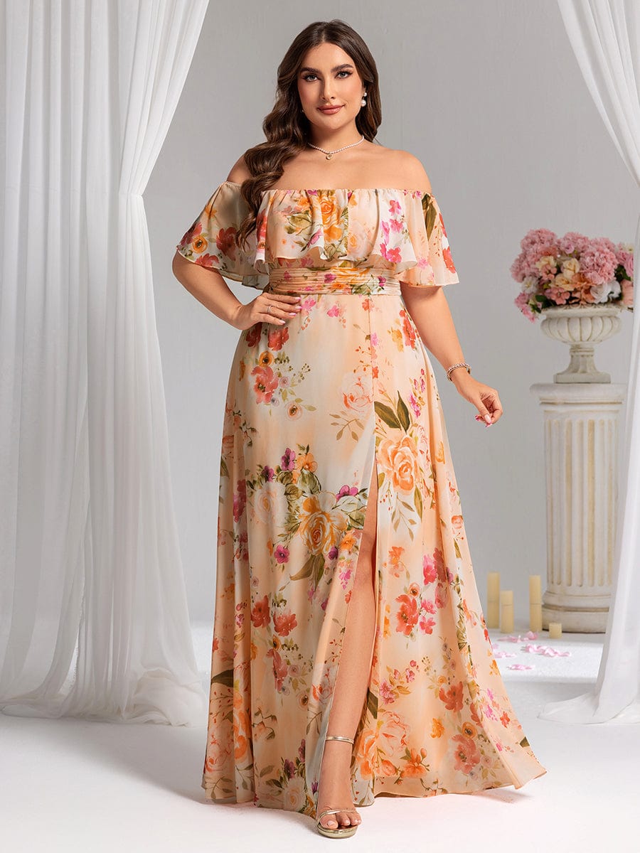 Robe D'invité De Mariage En Mousseline De Soie Mi-Longue Plissée à Manches à Volants Et Col En V  #Couleur_Pêche Floutée