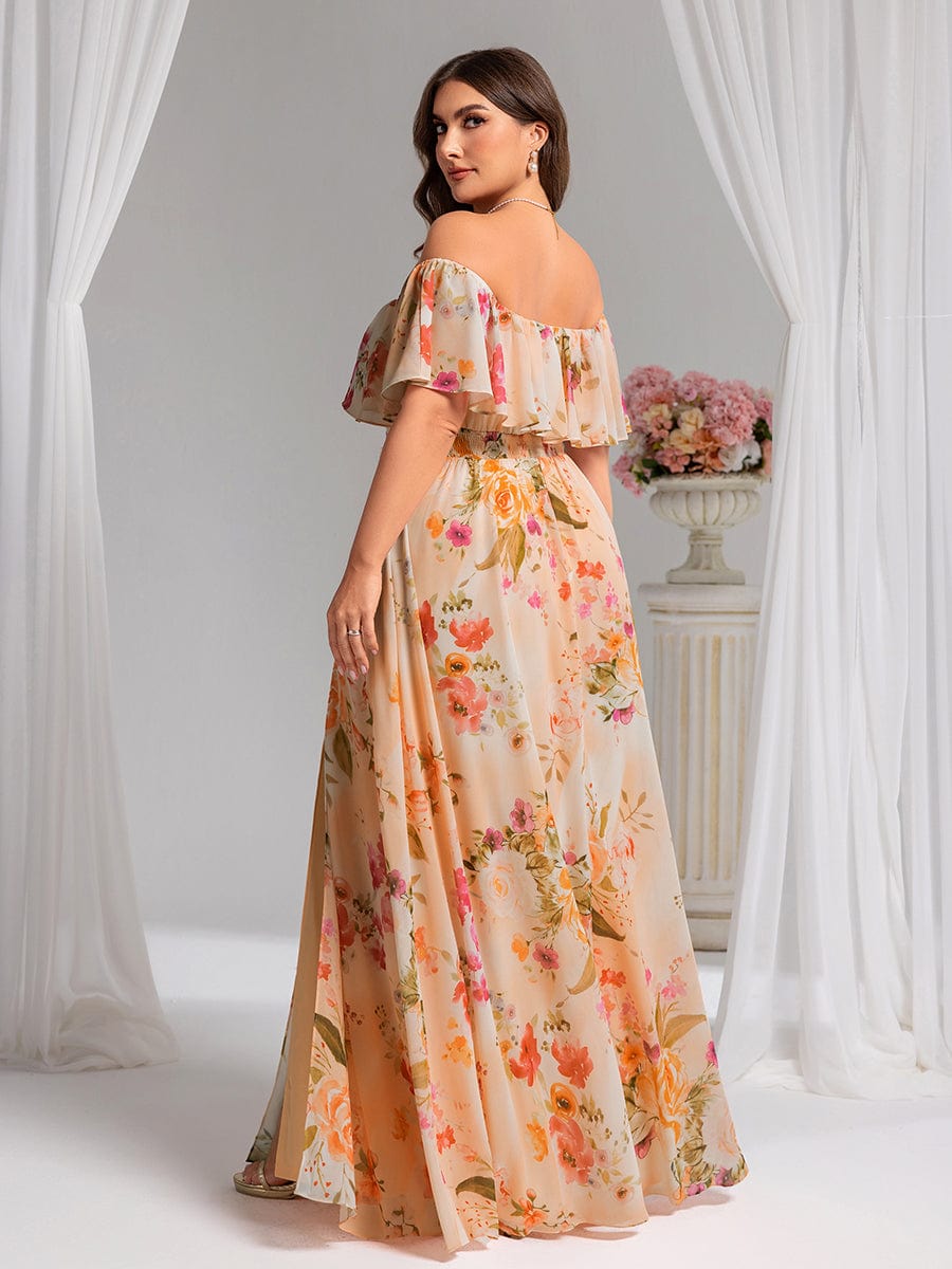 Robe D'invité De Mariage En Mousseline De Soie Mi-Longue Plissée à Manches à Volants Et Col En V  #Couleur_Pêche Floutée