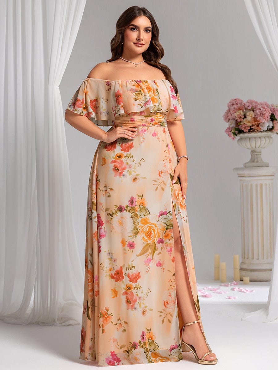 Robe D'invité De Mariage En Mousseline De Soie Mi-Longue Plissée à Manches à Volants Et Col En V  #Couleur_Pêche Floutée