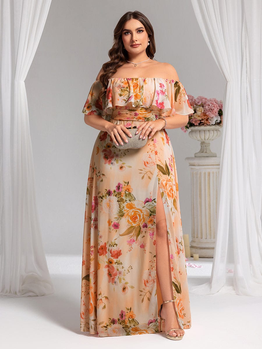 Robe D'invité De Mariage En Mousseline De Soie Mi-Longue Plissée à Manches à Volants Et Col En V  #Couleur_Pêche Floutée