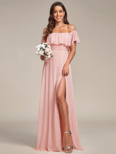 ever ÉMILE|Robe de demoiselle d'honneur en mousseline à épaules dénudées et fente haute