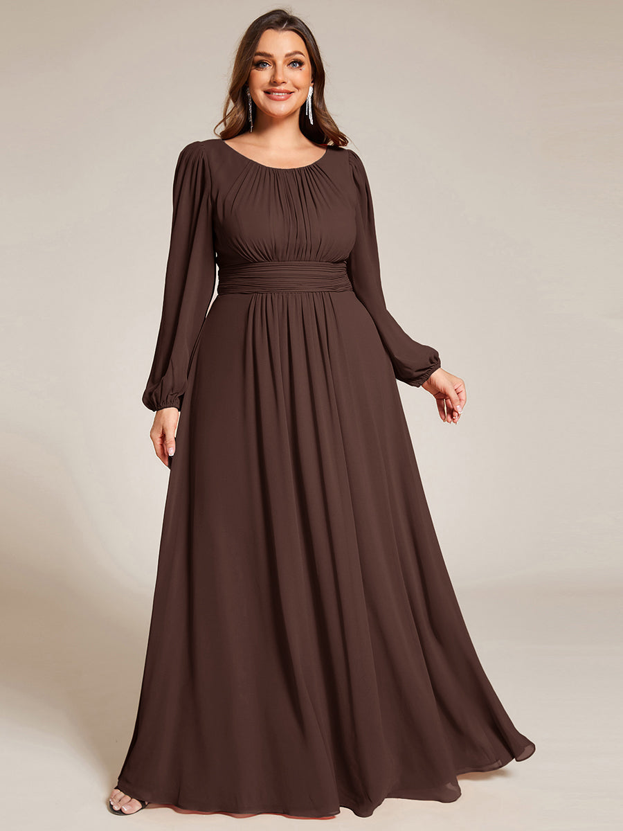 Robe de demoiselle d'honneur plissée à manches longues transparente de grande taille #Couleur_Marron chocolat