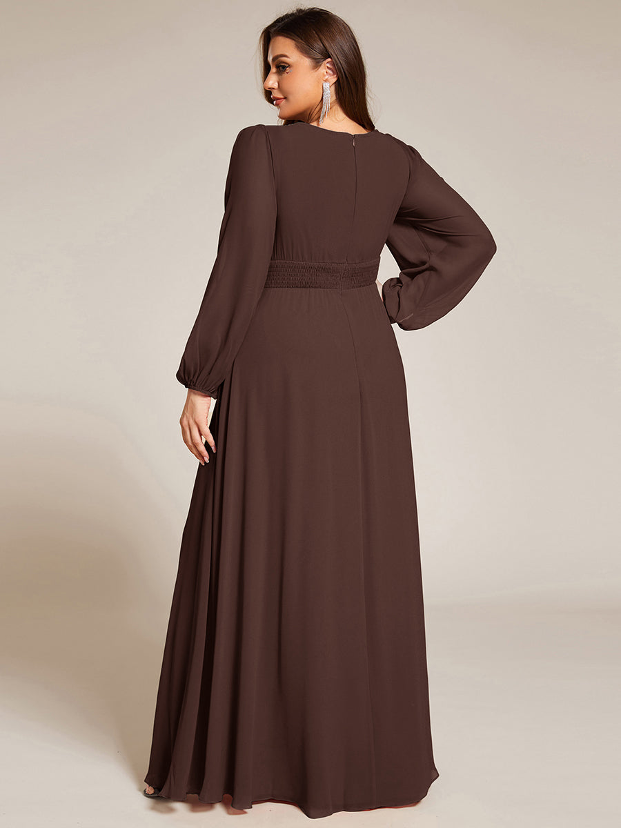 Robe de demoiselle d'honneur plissée à manches longues transparente de grande taille #Couleur_Marron chocolat
