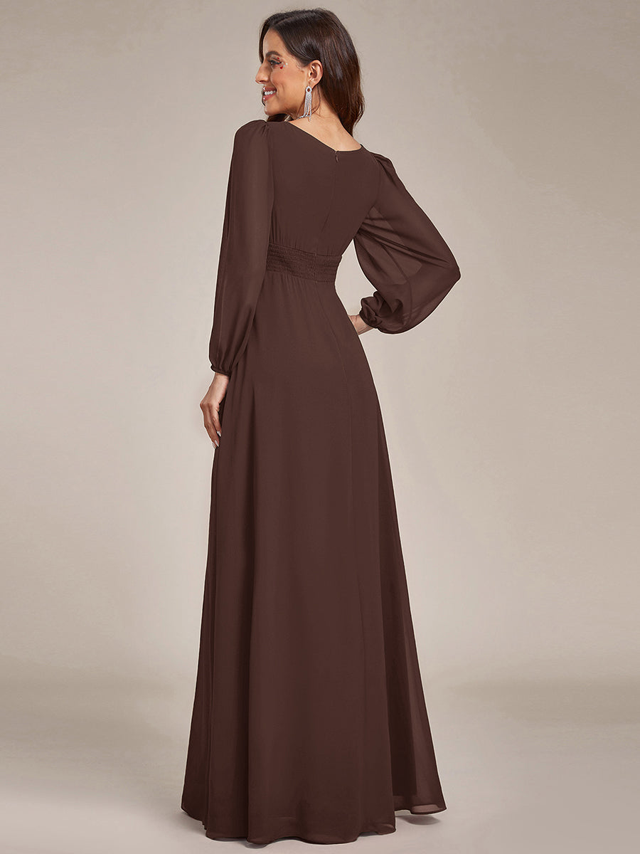 Robe demoiselle d'honneur en mousseline à taille haute Manches bouffantes #Couleur_Marron chocolat