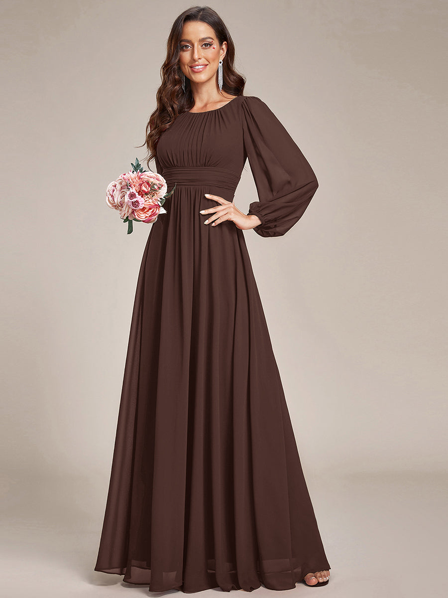 Robe demoiselle d'honneur en mousseline à taille haute Manches bouffantes #Couleur_Marron chocolat