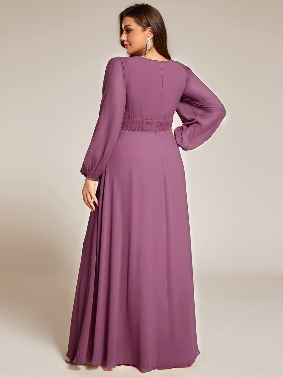 Robe D'invité De Mariage En Mousseline De Soie Mi-Longue Plissée à Manches à Volants Et Col En V #Couleur_Prune Foncée