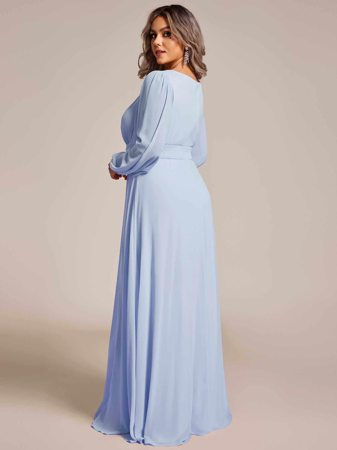 Robe D'invité De Mariage En Mousseline De Soie Mi-Longue Plissée à Manches à Volants Et Col En V  #Couleur_Bleu Glace