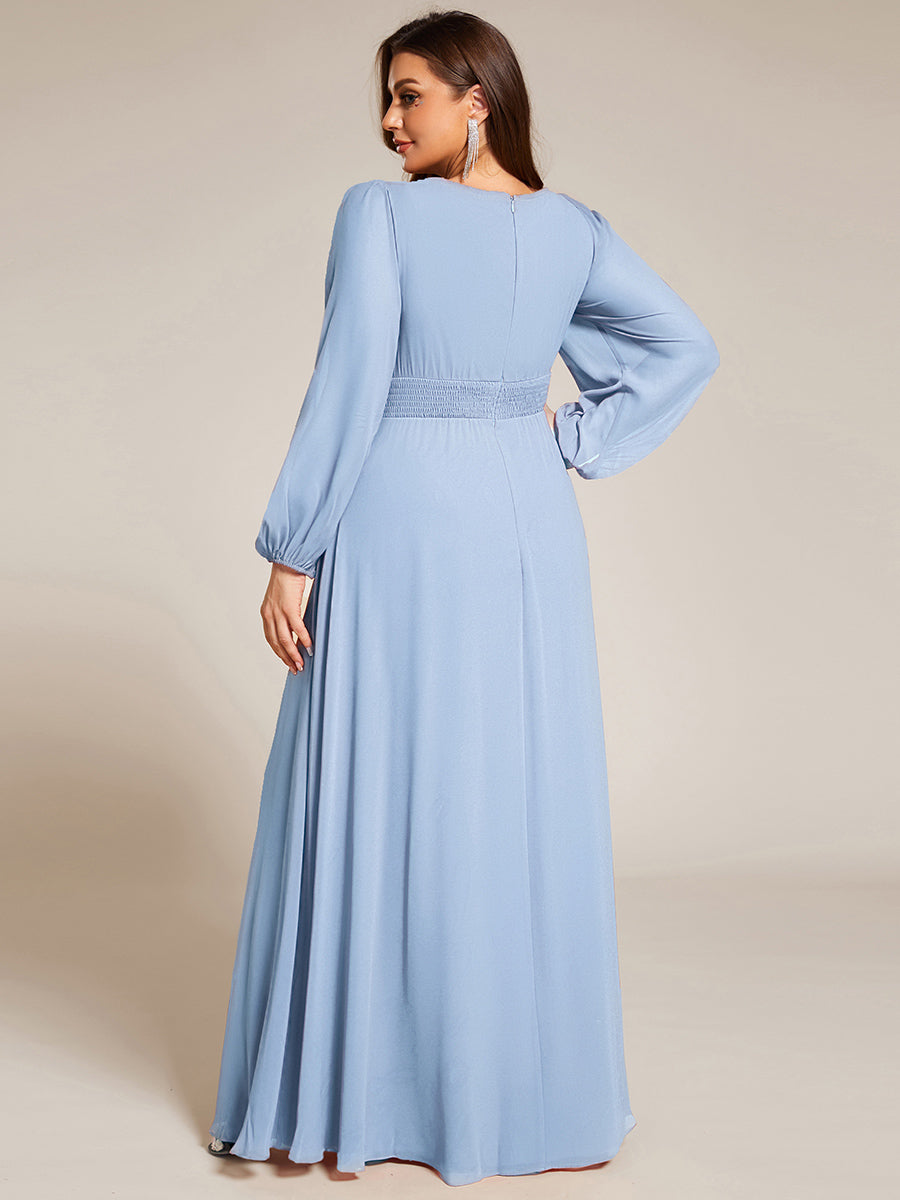 Robe D'invité De Mariage En Mousseline De Soie Mi-Longue Plissée à Manches à Volants Et Col En V  #Couleur_Bleu Glace