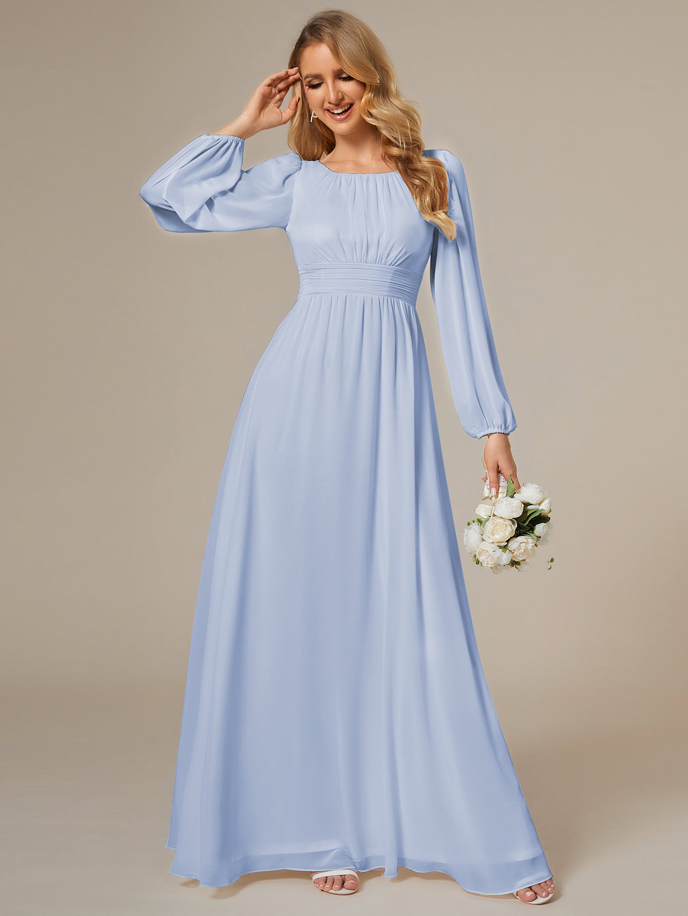 Robe D'invité De Mariage En Mousseline De Soie Mi-Longue Plissée à Manches à Volants Et Col En V  #Couleur_Bleu Glace