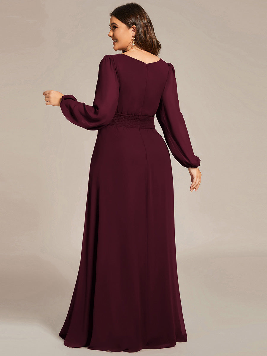 Robe D'invité De Mariage En Mousseline De Soie Mi-Longue Plissée à Manches à Volants Et Col En V #Couleur_Pourpre