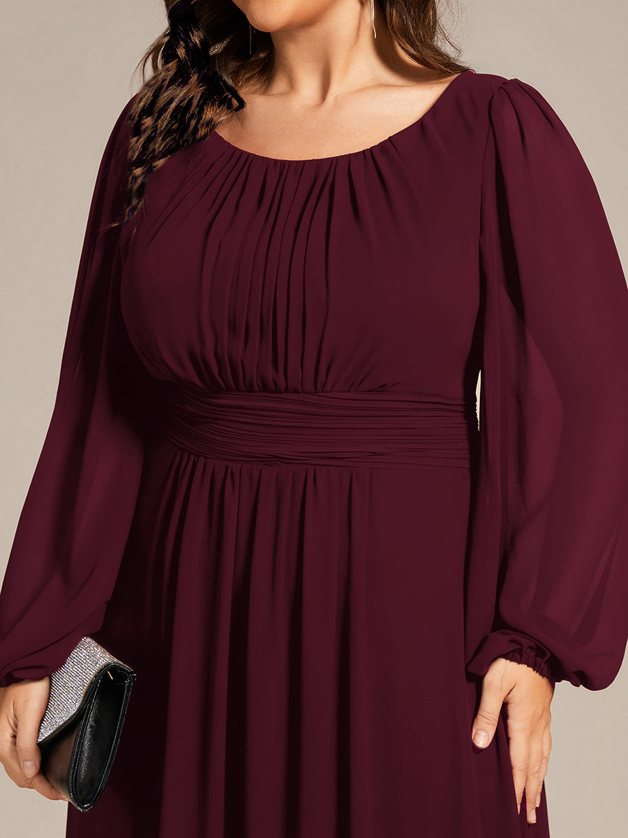 Robe D'invité De Mariage En Mousseline De Soie Mi-Longue Plissée à Manches à Volants Et Col En V #Couleur_Pourpre
