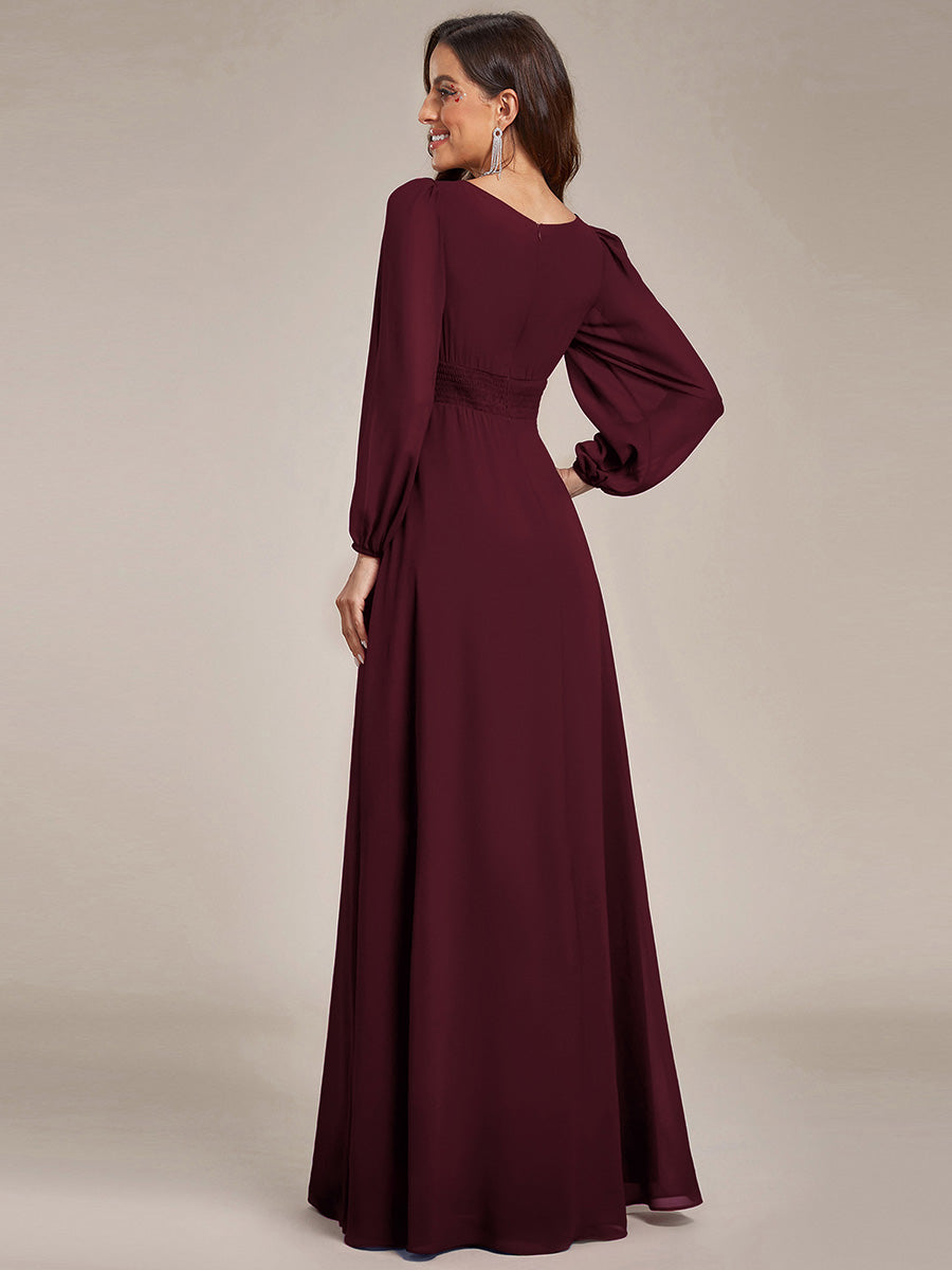 Robe D'invité De Mariage En Mousseline De Soie Mi-Longue Plissée à Manches à Volants Et Col En V #Couleur_Pourpre