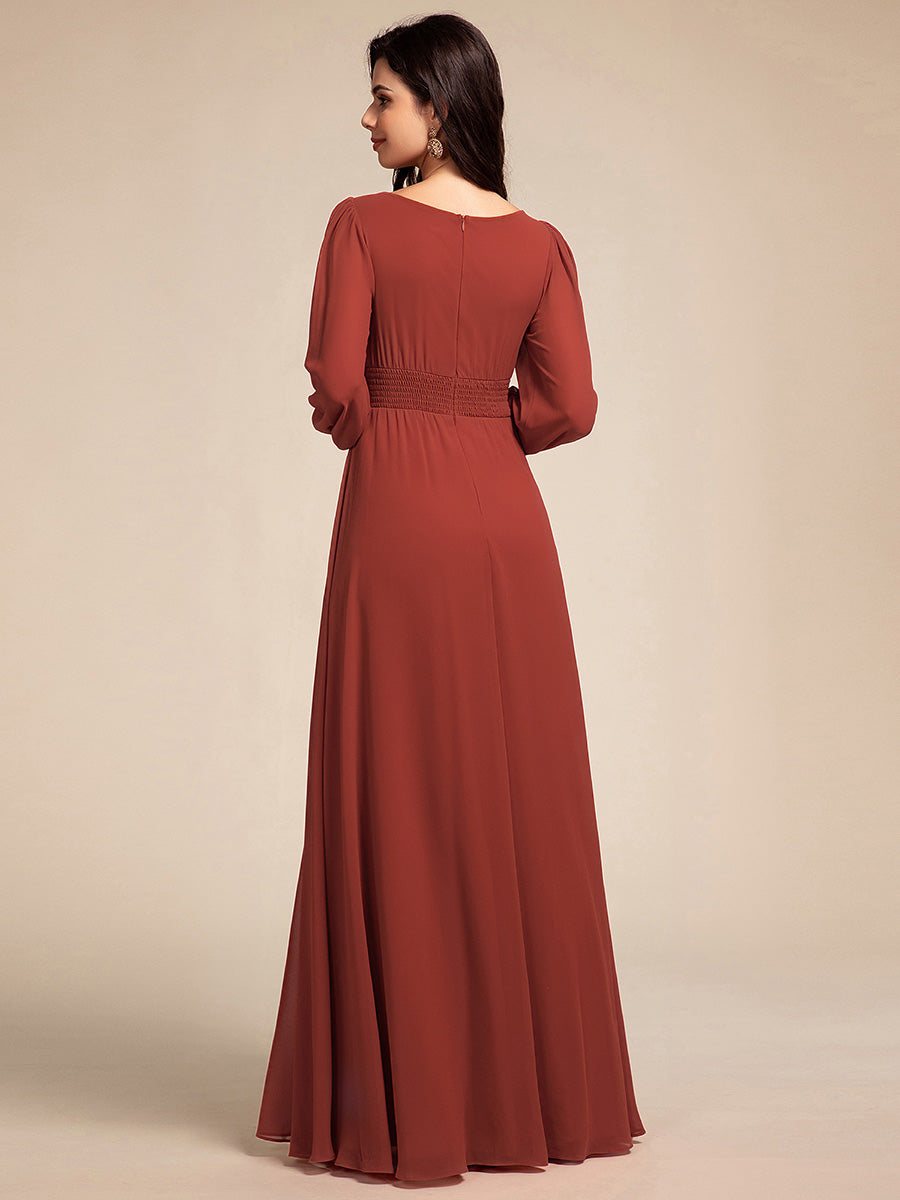 Robe D'invité De Mariage En Mousseline De Soie Mi-Longue Plissée à Manches à Volants Et Col En V #Couleur_Vermillon