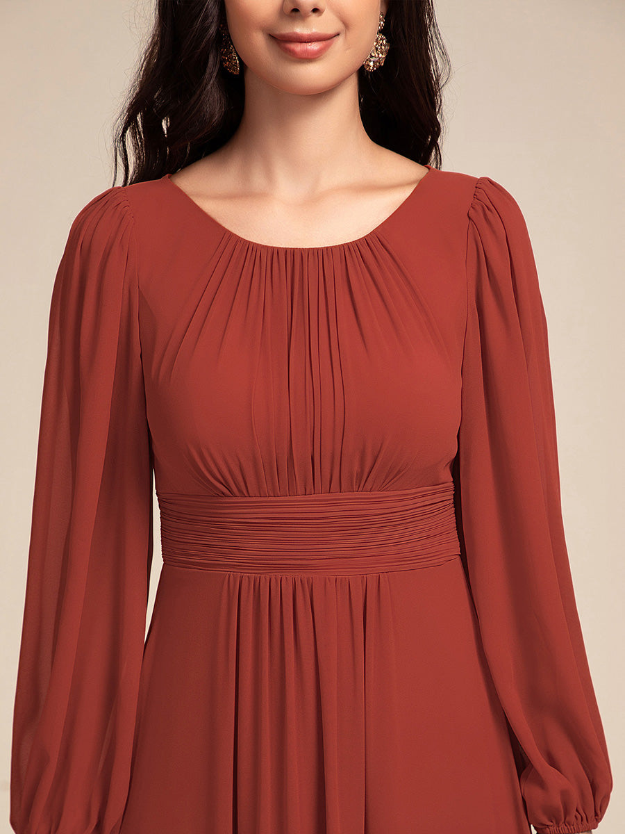 Robe D'invité De Mariage En Mousseline De Soie Mi-Longue Plissée à Manches à Volants Et Col En V #Couleur_Vermillon