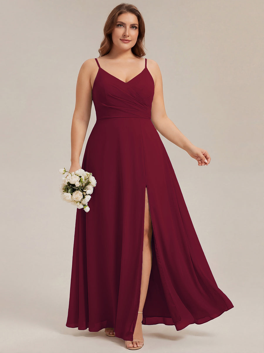 Robe de demoiselle d'honneur plissée à bretelles minces et encolure en V #Couleur_Bordeaux