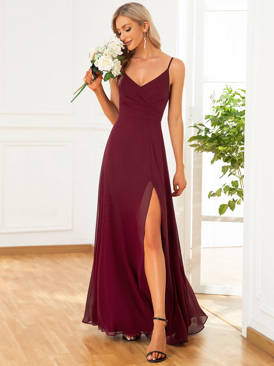 Robe d'invité de mariage trapèze en mousseline fluide à encolure ronde et longueur au genou #Couleur_Bordeaux