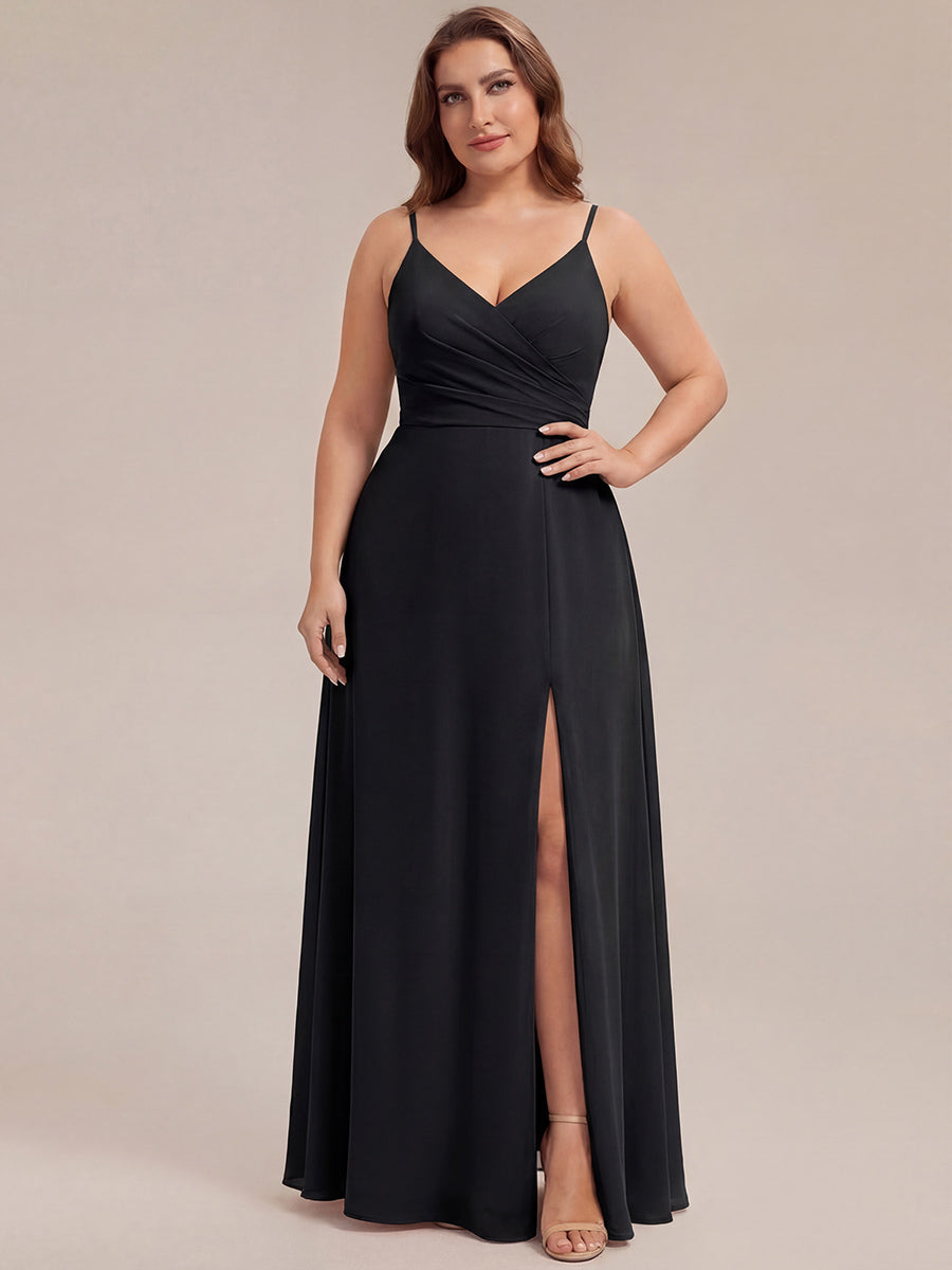 Robe de demoiselle d'honneur plissée à bretelles minces et encolure en V #Couleur_Noir