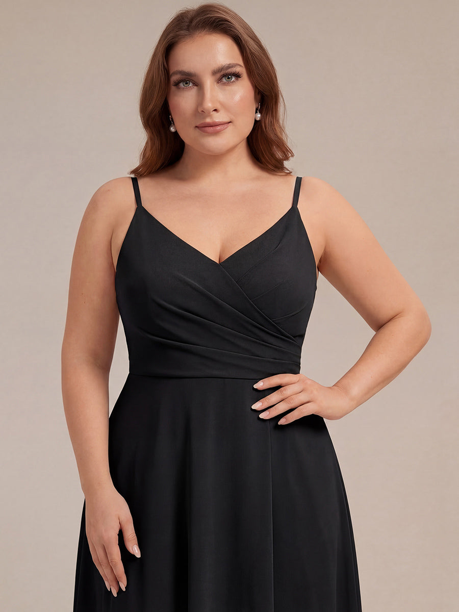 Robe de demoiselle d'honneur plissée à bretelles minces et encolure en V #Couleur_Noir
