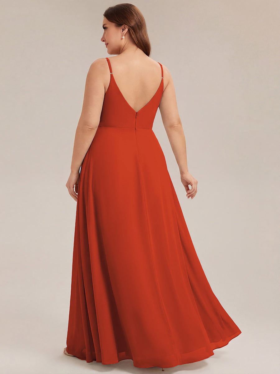 Robe de demoiselle d'honneur plissée à bretelles minces et encolure en V #Couleur_Burnt Orange