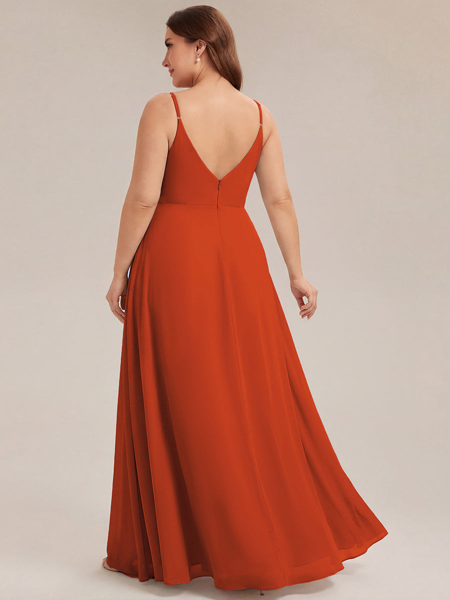 Robe de demoiselle d'honneur plissée à bretelles minces et encolure en V #Couleur_Burnt Orange