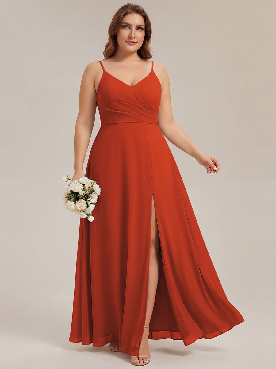 Robe de demoiselle d'honneur plissée à bretelles minces et encolure en V #Couleur_Burnt Orange
