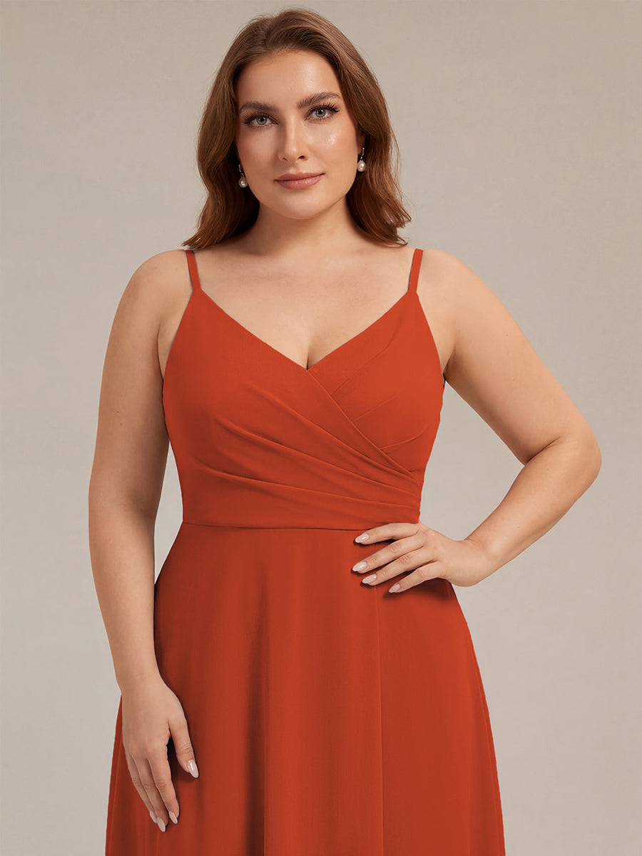 Robe de demoiselle d'honneur plissée à bretelles minces et encolure en V #Couleur_Burnt Orange