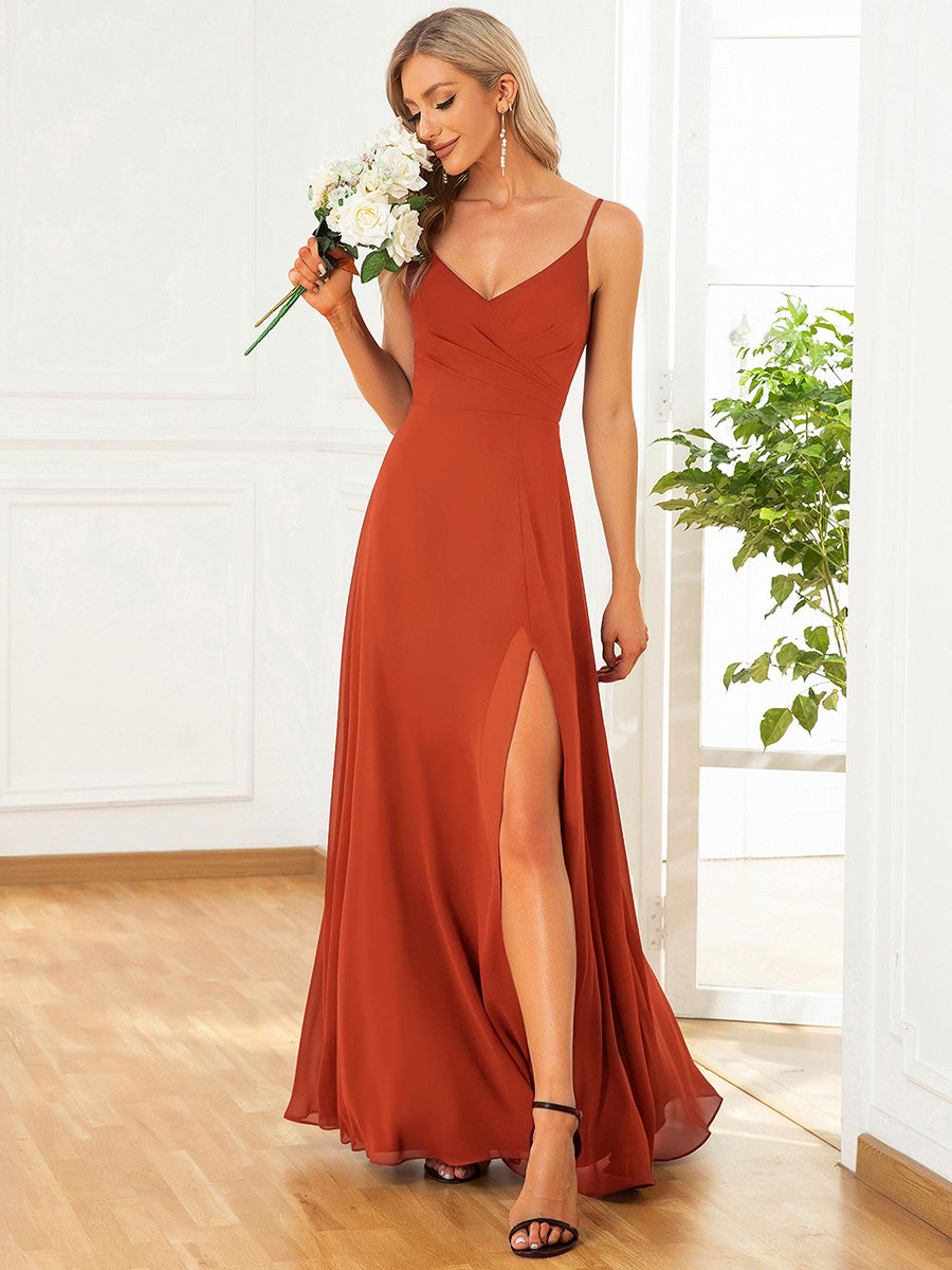 Robe de demoiselle d'honneur plissée à bretelles minces et encolure en V #Couleur_Burnt Orange