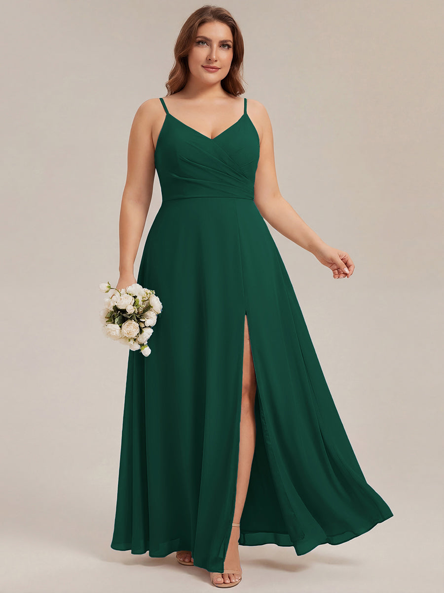 Robe de demoiselle d'honneur plissée à bretelles minces et encolure en V #Couleur_Vert Fonce
