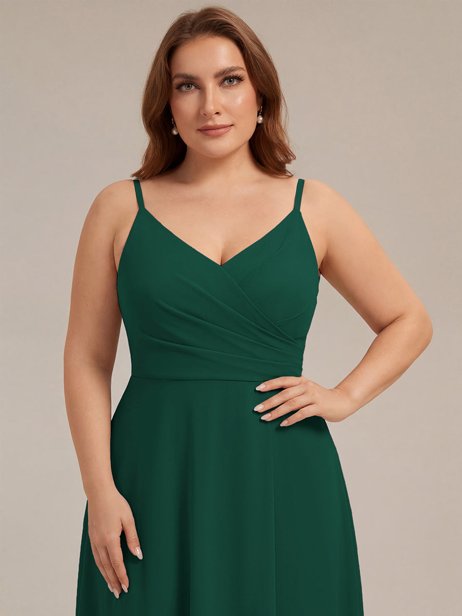 Robe de demoiselle d'honneur plissée à bretelles minces et encolure en V #Couleur_Vert Fonce