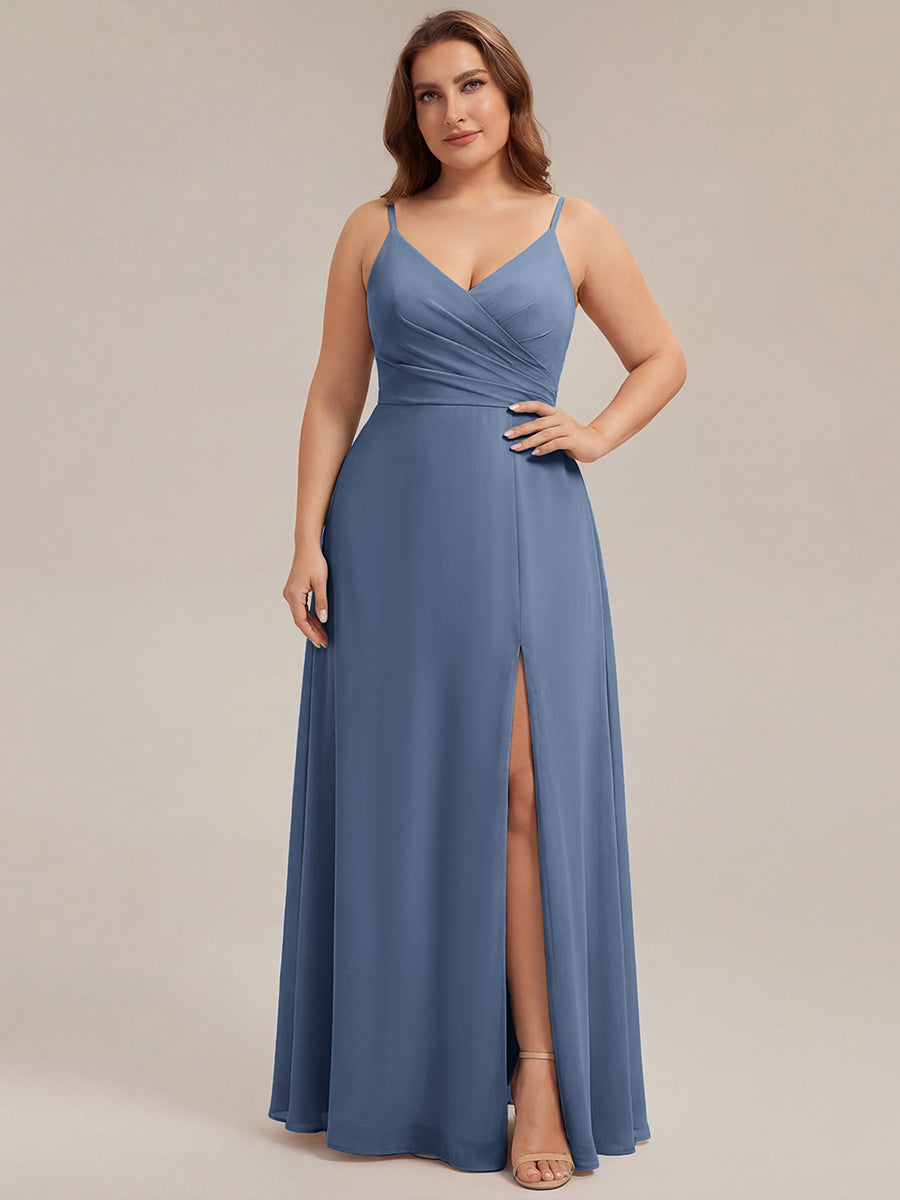 Robe de demoiselle d'honneur plissée à bretelles minces et encolure en V #Couleur_Marine Fume