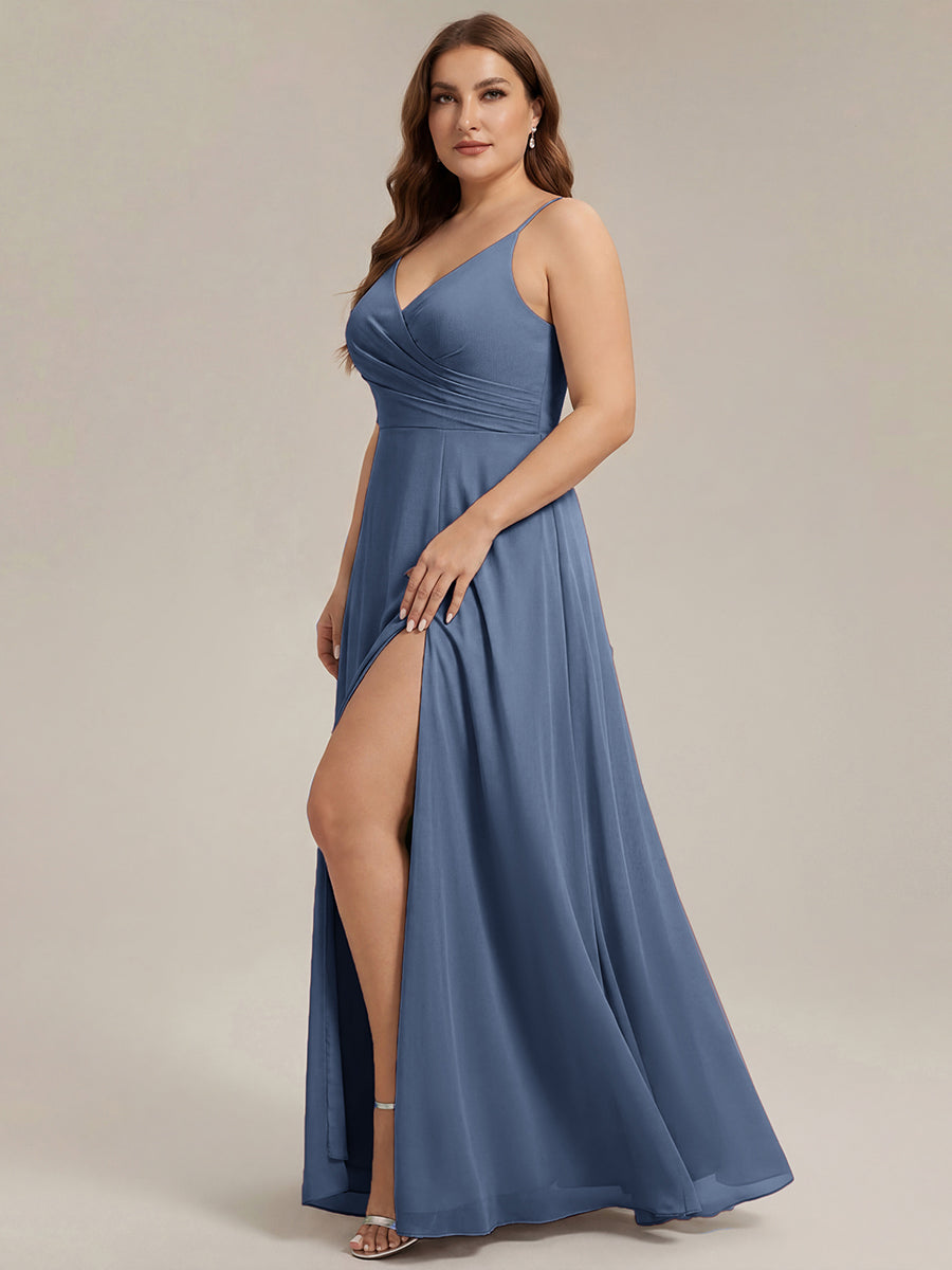 Robe de demoiselle d'honneur plissée à bretelles minces et encolure en V #Couleur_Marine Fume
