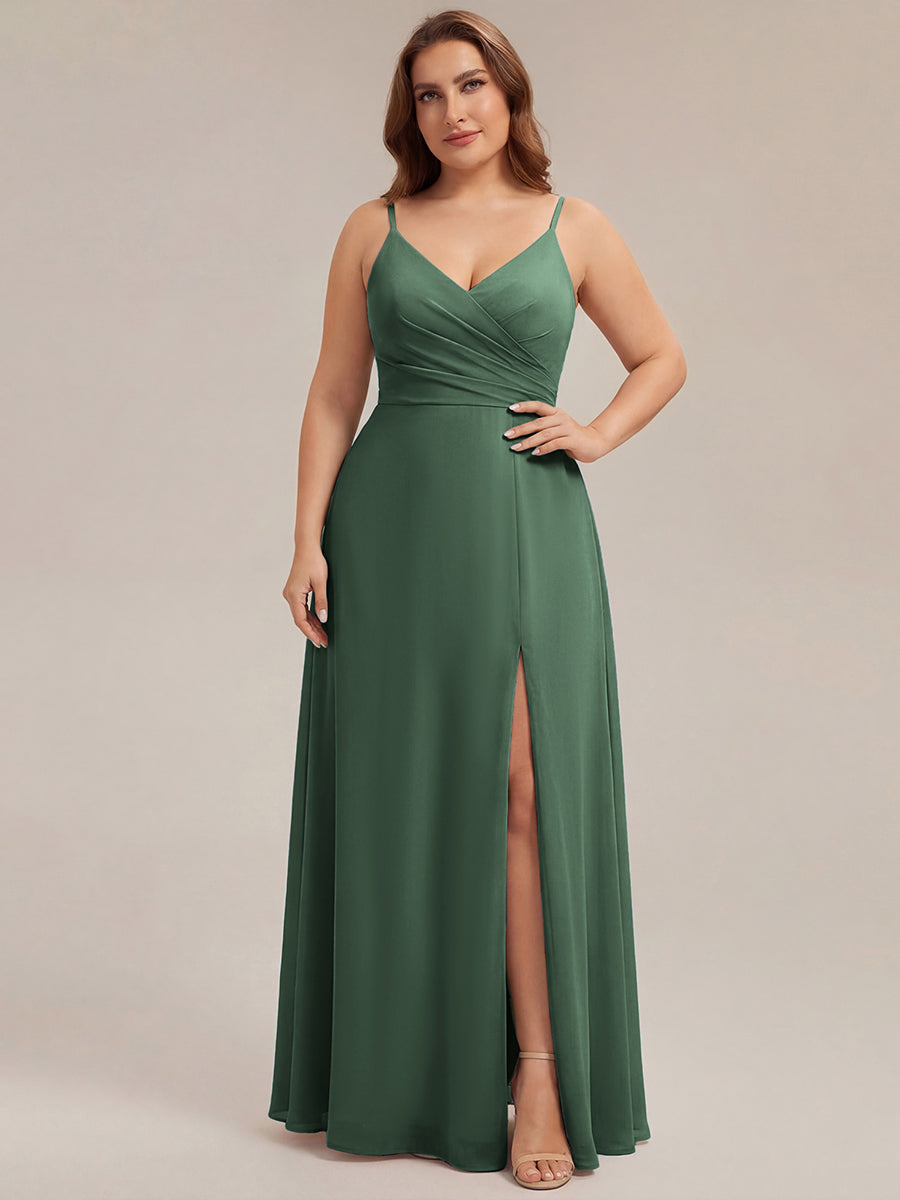 Robe de demoiselle d'honneur plissée à bretelles minces et encolure en V #Couleur_Eukalyptus Grün