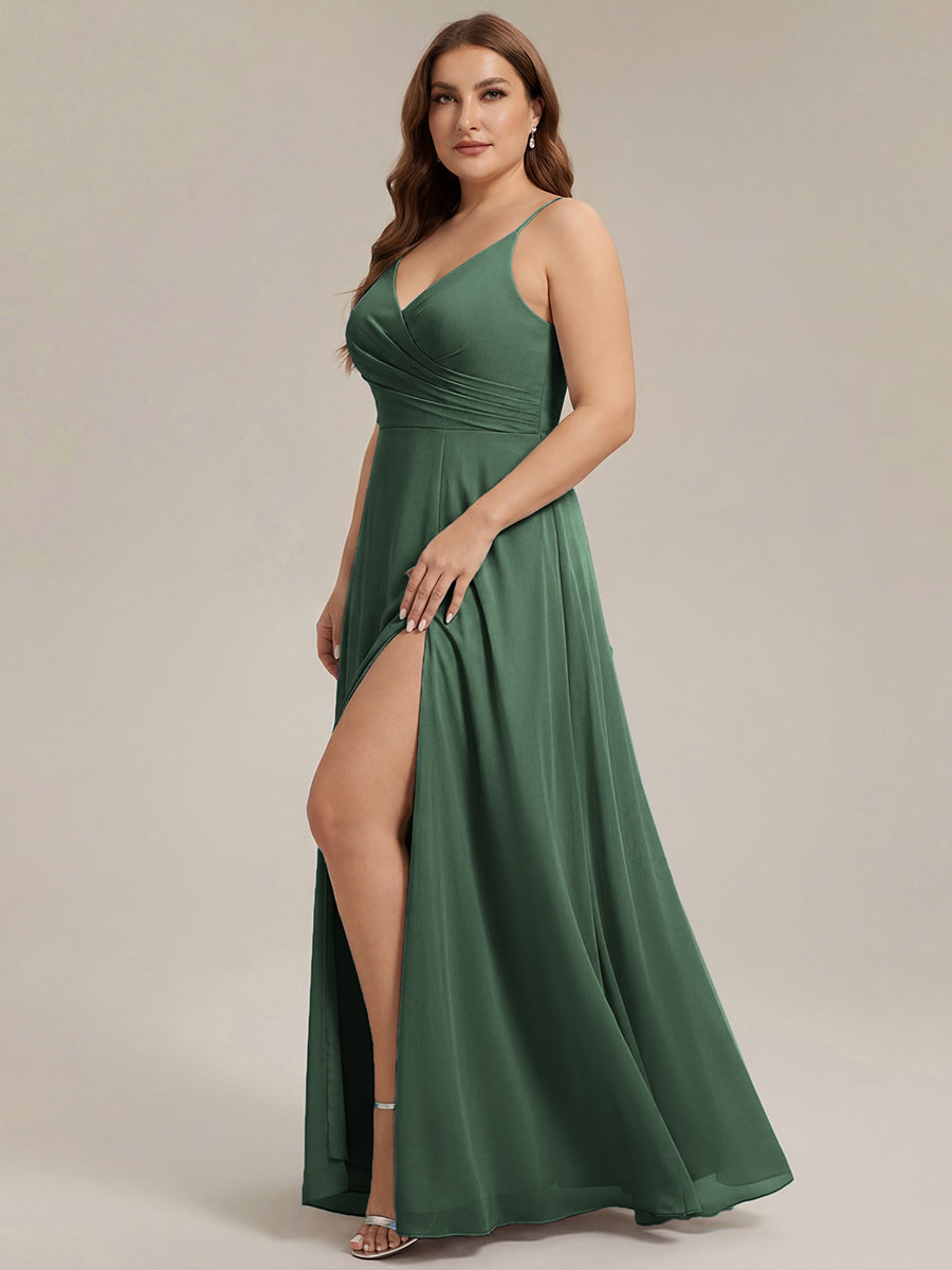 Robe de demoiselle d'honneur plissée à bretelles minces et encolure en V #Couleur_Eukalyptus Grün