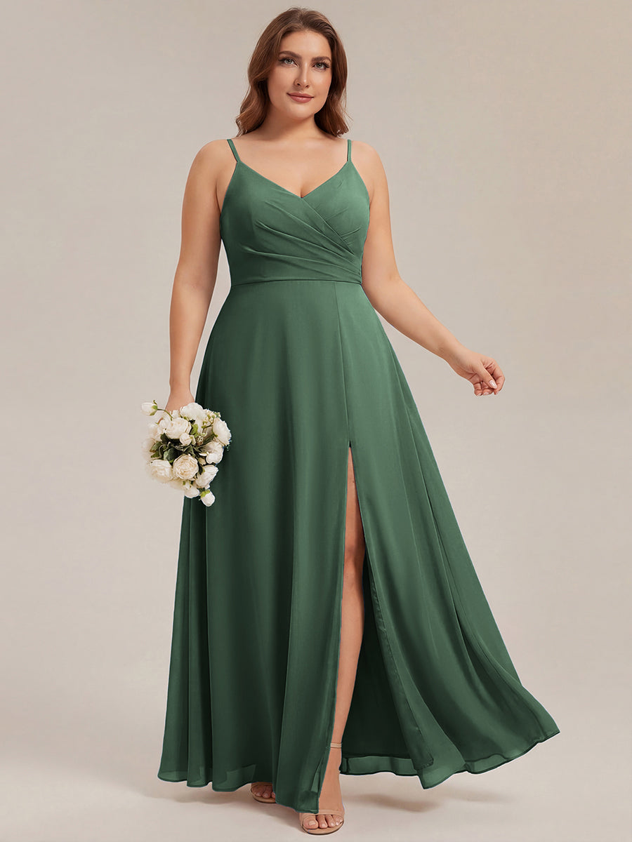 Robe de demoiselle d'honneur plissée à bretelles minces et encolure en V #Couleur_Eucalyptus