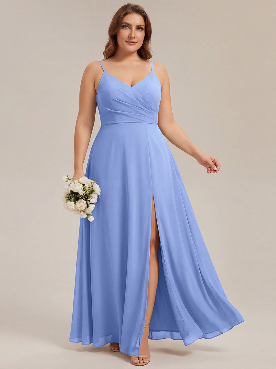 Robe de demoiselle d'honneur plissée à bretelles minces et encolure en V #Couleur_FB